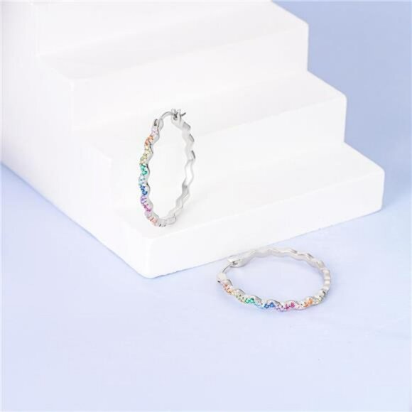 925 Sterling Silver Twisted Huggie Hoop Earrings with Colorful Cubic Zirconia - Picture 2 of 6